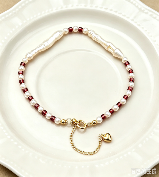 Pearl Garnet & Baroque Twist Bead Bracelet Gold-Plated