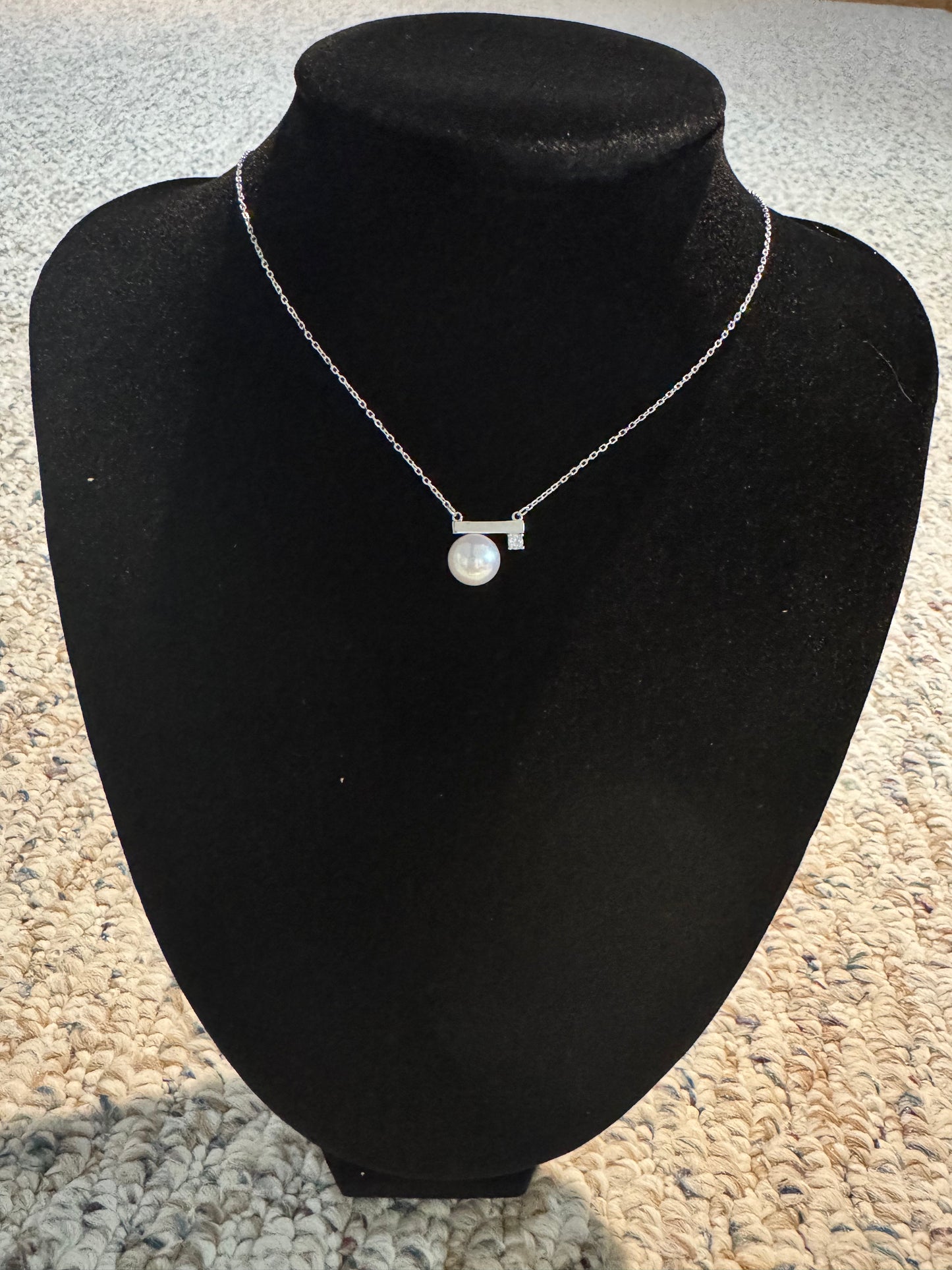 8mm Freshwater Pearl Balance Beam Pendant Necklace 925 Silver Zircon