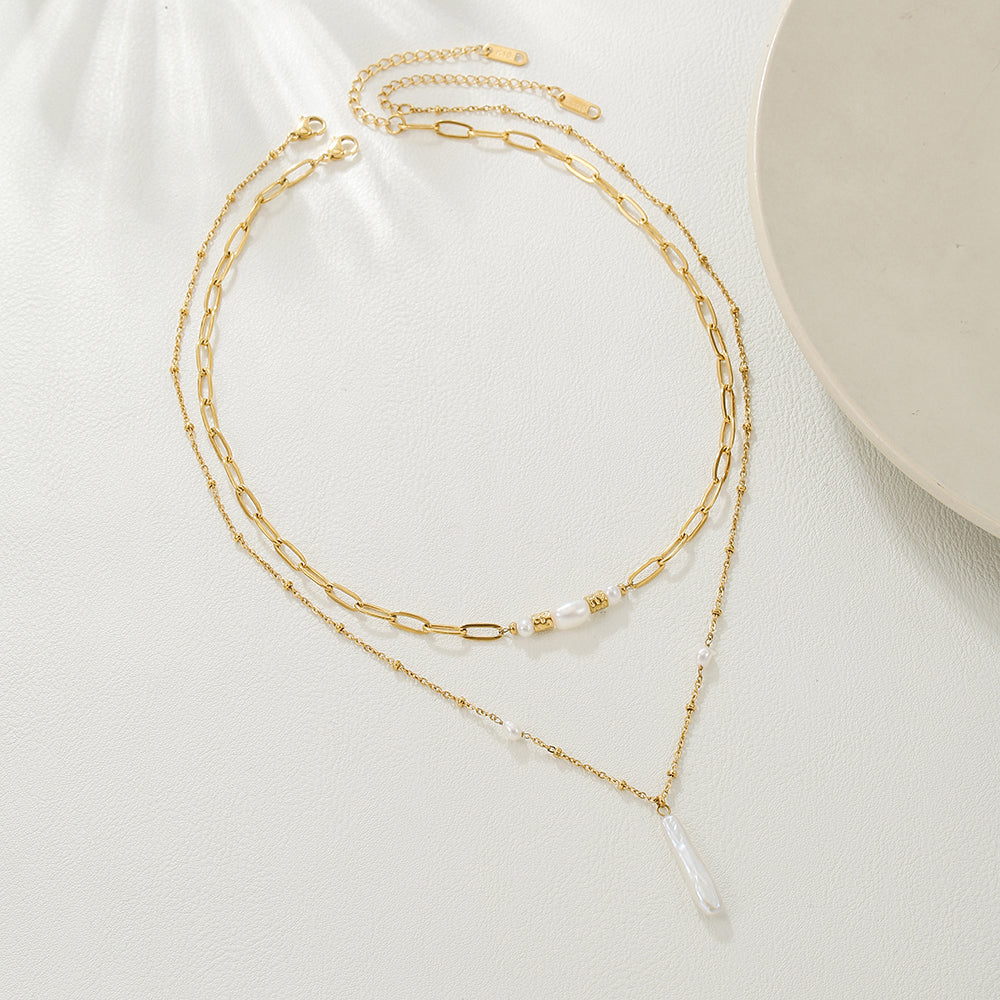Baroque Pearl Double Layer Stainless Steel Necklace – Gold color