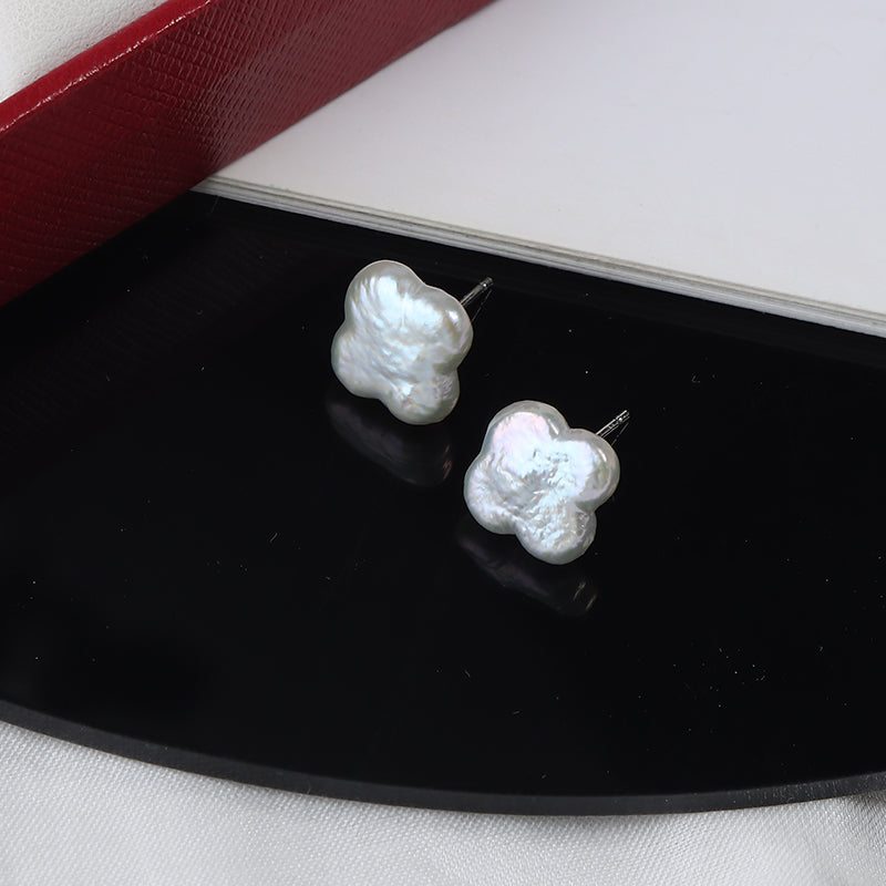 10mm Baroque Pearl Clover Stud Earrings 925 Silver
