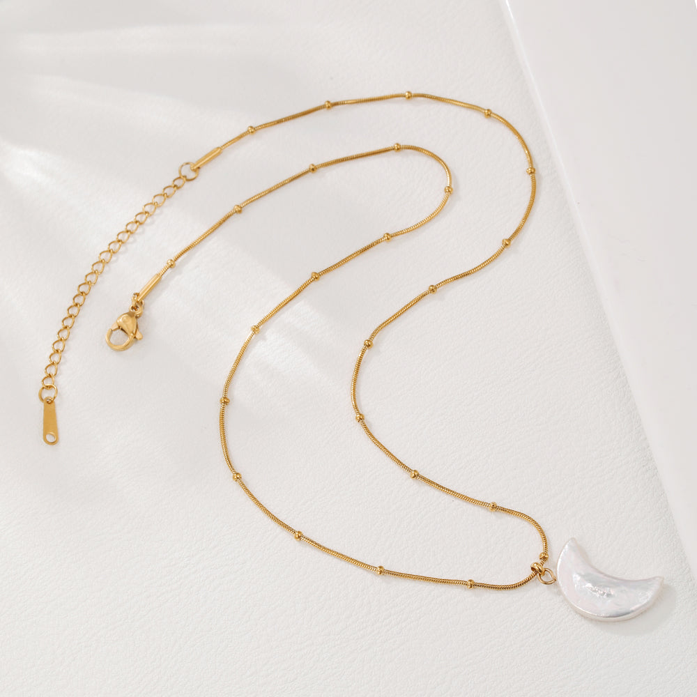 Baroque Pearl Crescent Pendant – Gold Stainless Steel Necklace