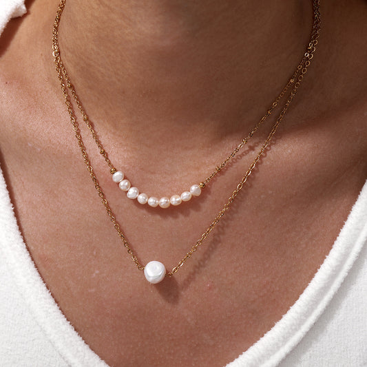 Double Layer Baroque Pearl & Xiaomi Pearl Necklace – Gold Stainless Steel