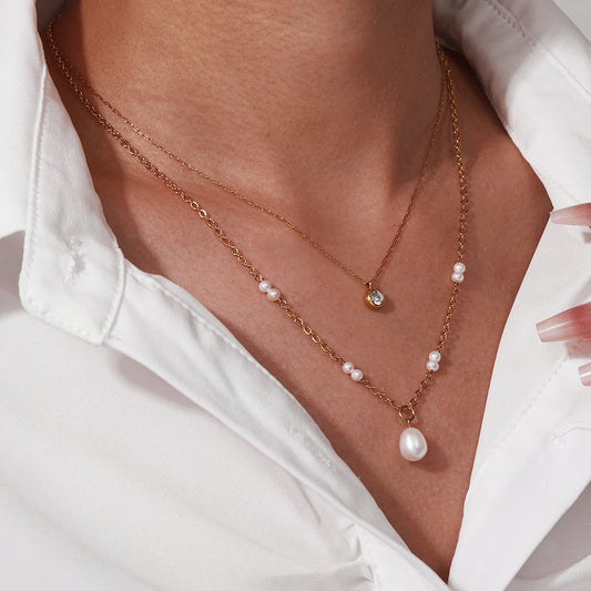 Double Layer Pearl & Zircon Pendant Necklace – Gold Stainless Steel