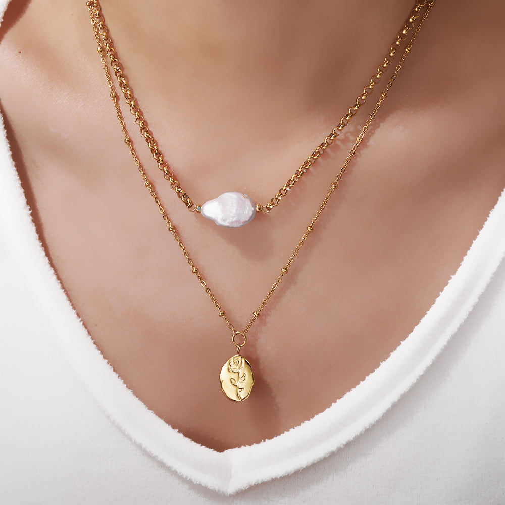 Double Layer Baroque Pearl & Rose Pendant Necklace – Gold Stainless Steel