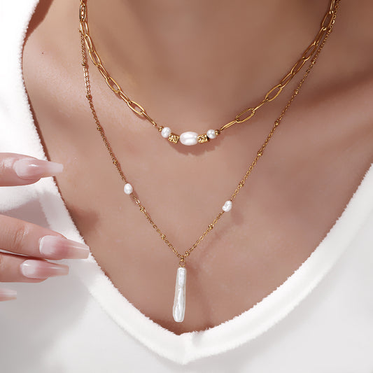 Baroque Pearl Double Layer Stainless Steel Necklace – Gold color