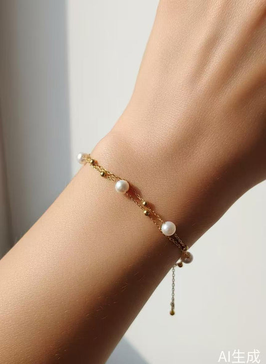 Starry Sky Freshwater Pearl & Silver Bead Double Strand Bracelet 925 Silver