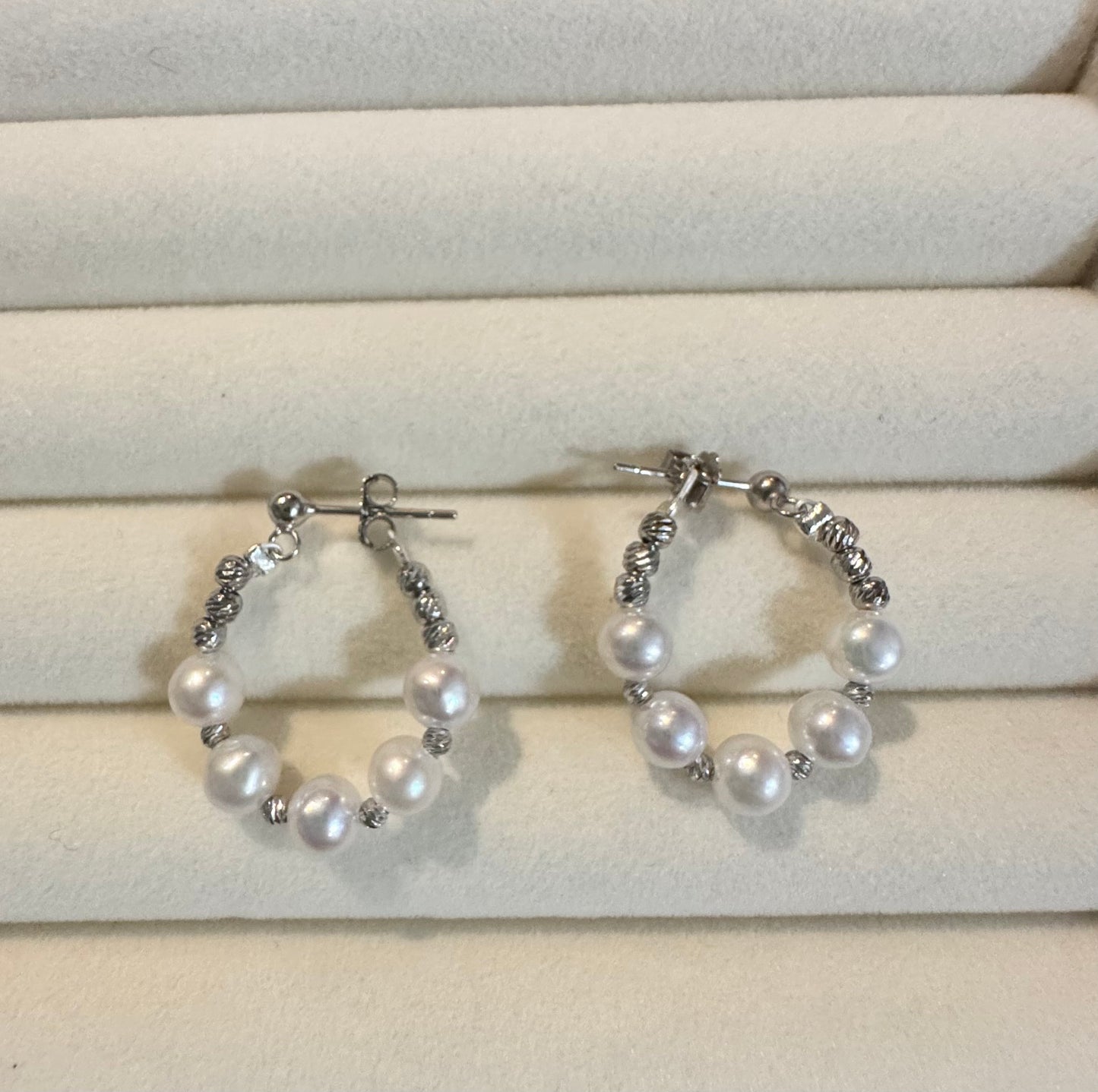 5-Pearl & Laser Silver Bead Arc Drop Earrings 925 Silver 2.5cm