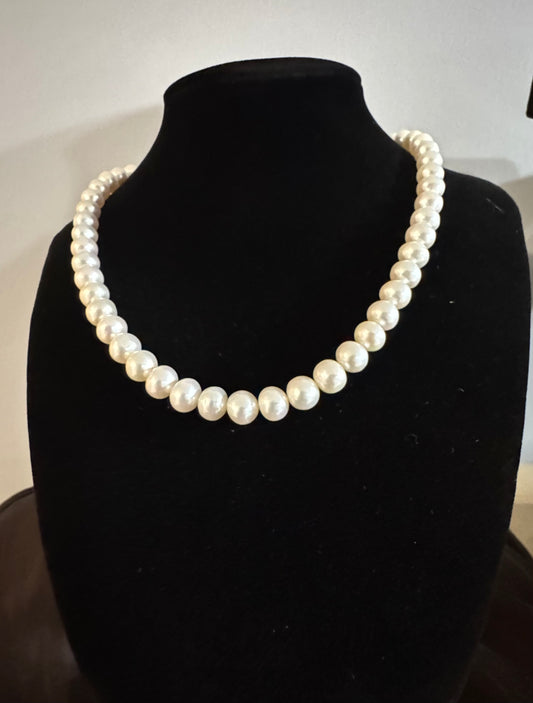 8mm White Pearl Full Strand Necklace 925 Silver
