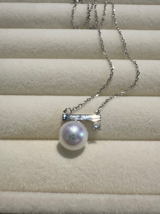 8mm Freshwater Pearl Balance Beam Pendant Necklace 925 Silver Zircon
