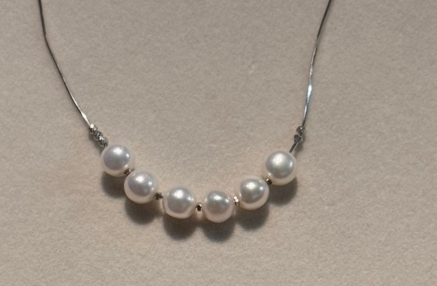 7mm Freshwater Pearl & Silver Bead Centre Cluster Snake Bone Necklace 925 Silver 43cm