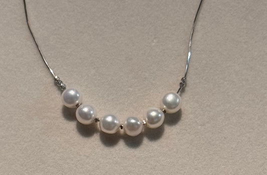 7mm Freshwater Pearl & Silver Bead Centre Cluster Snake Bone Necklace 925 Silver 43cm