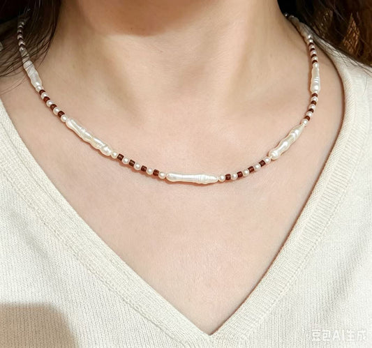 Pearl Garnet & Baroque Twist Bead Necklace Gold-Plated 45cm