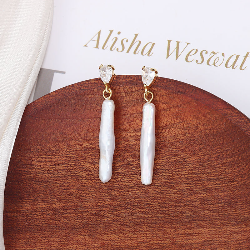 Baroque Pearl Silver Bar Drop Earrings Brass Gold-Plated Zircon