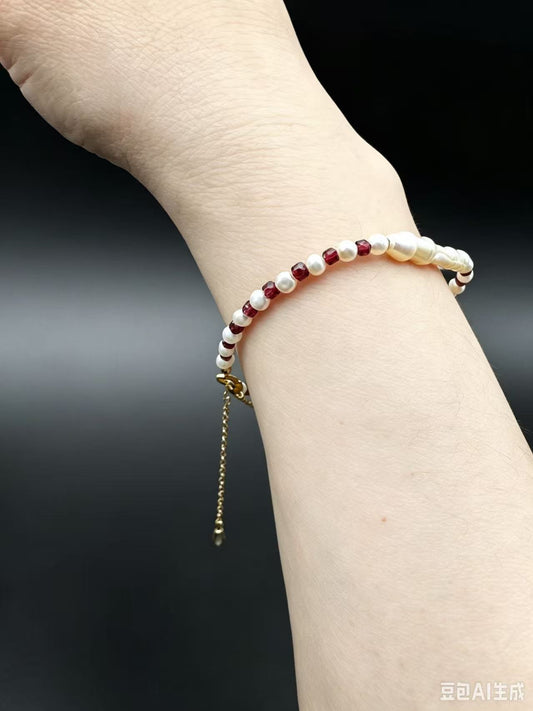 Pearl Garnet & Baroque Twist Bead Bracelet Gold-Plated