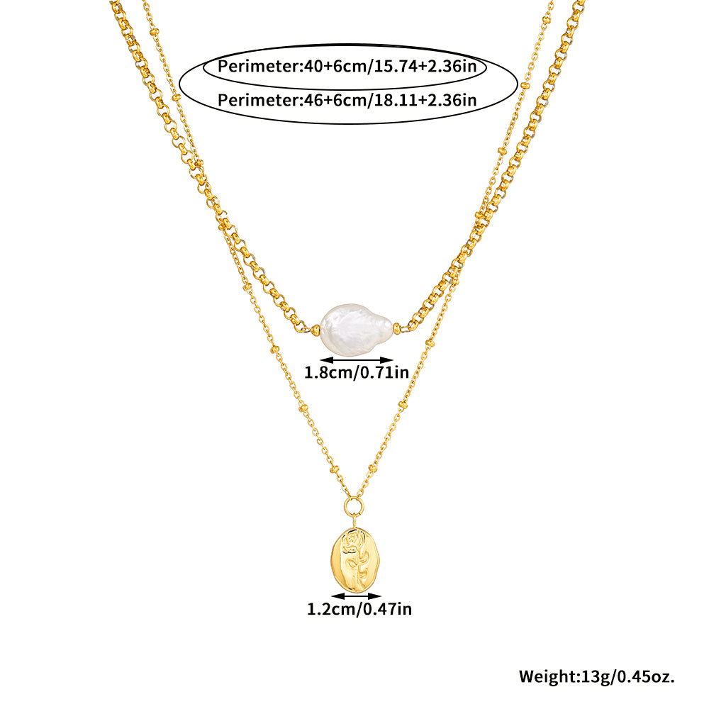 Double Layer Baroque Pearl & Rose Pendant Necklace – Gold Stainless Steel