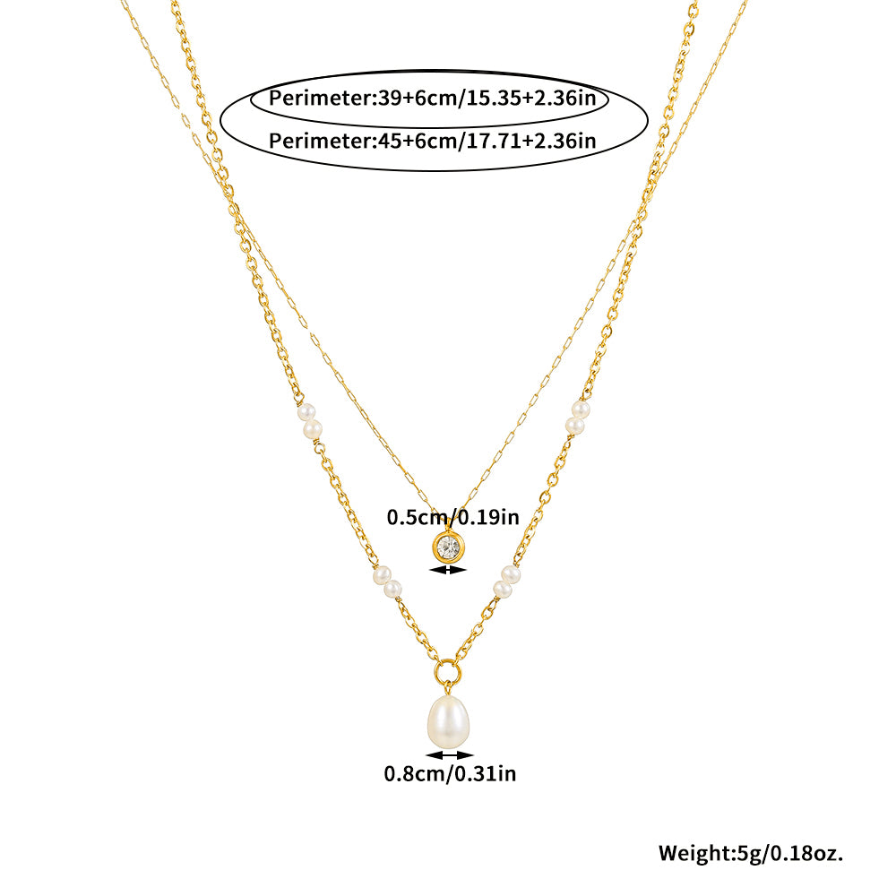 Double Layer Pearl & Zircon Pendant Necklace – Gold Stainless Steel