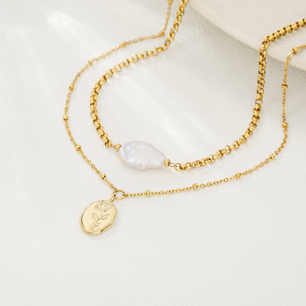Double Layer Baroque Pearl & Rose Pendant Necklace – Gold Stainless Steel