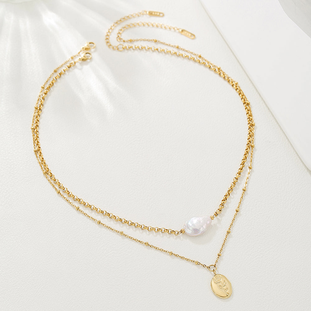 Double Layer Baroque Pearl & Rose Pendant Necklace – Gold Stainless Steel
