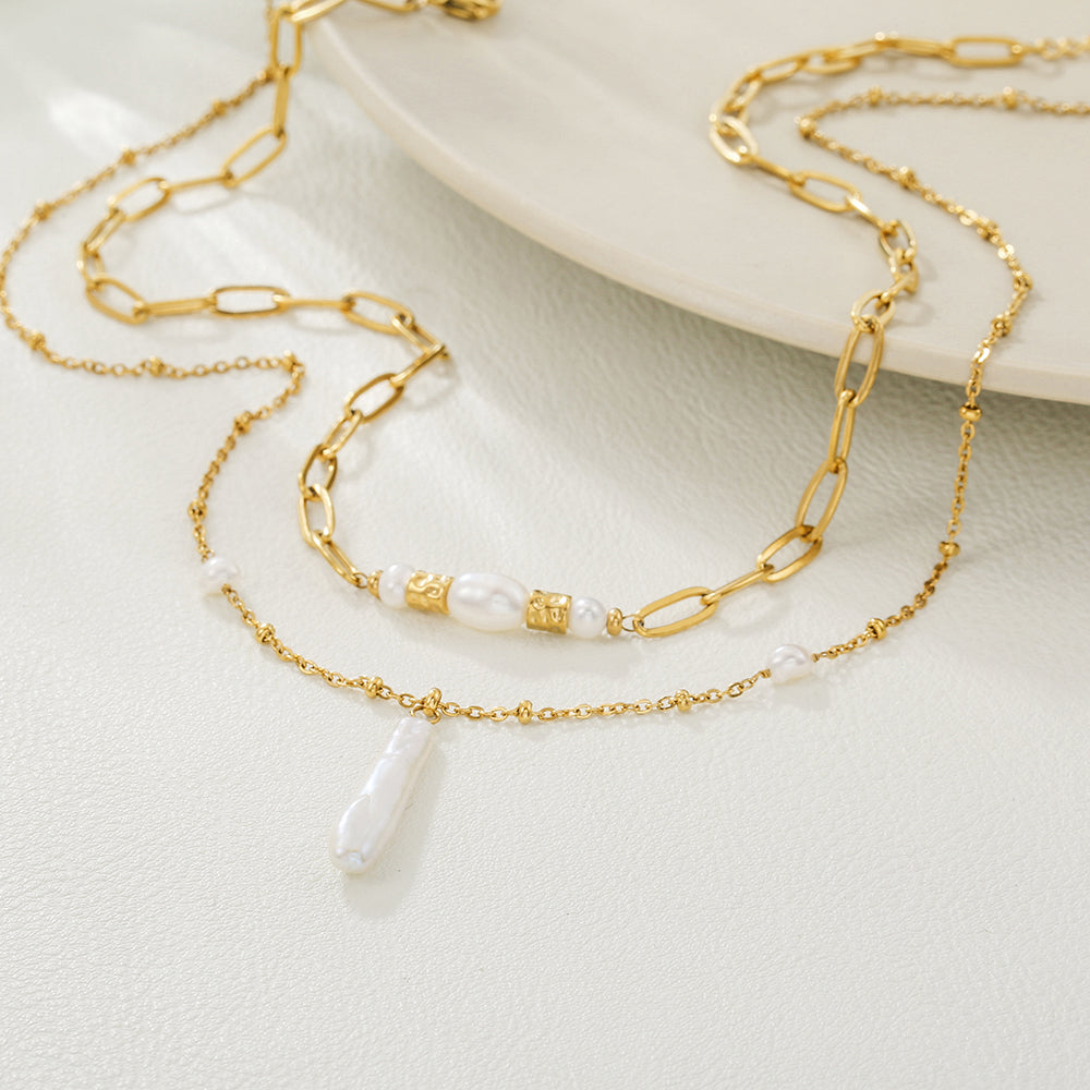Baroque Pearl Double Layer Stainless Steel Necklace – Gold color