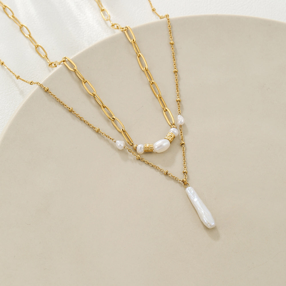 Baroque Pearl Double Layer Stainless Steel Necklace – Gold color