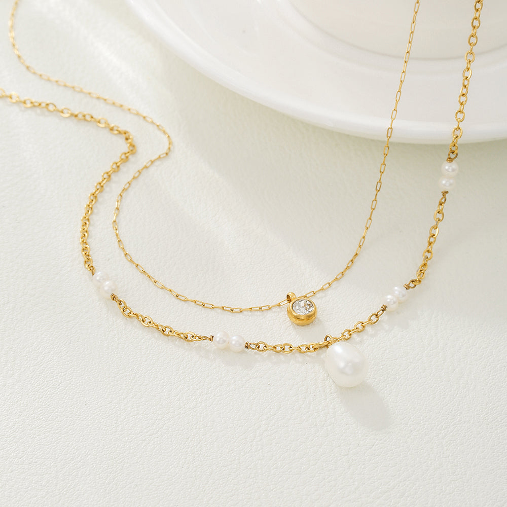 Double Layer Pearl & Zircon Pendant Necklace – Gold Stainless Steel