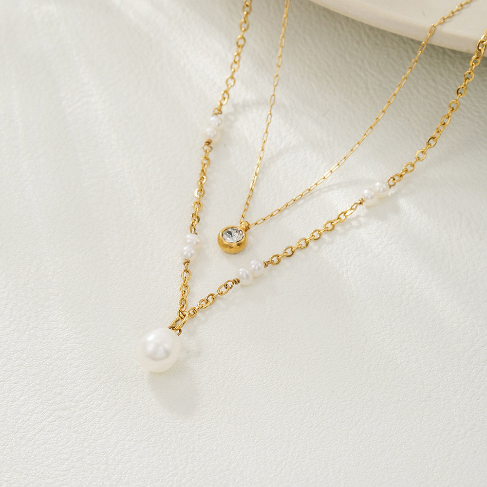 Double Layer Pearl & Zircon Pendant Necklace – Gold Stainless Steel