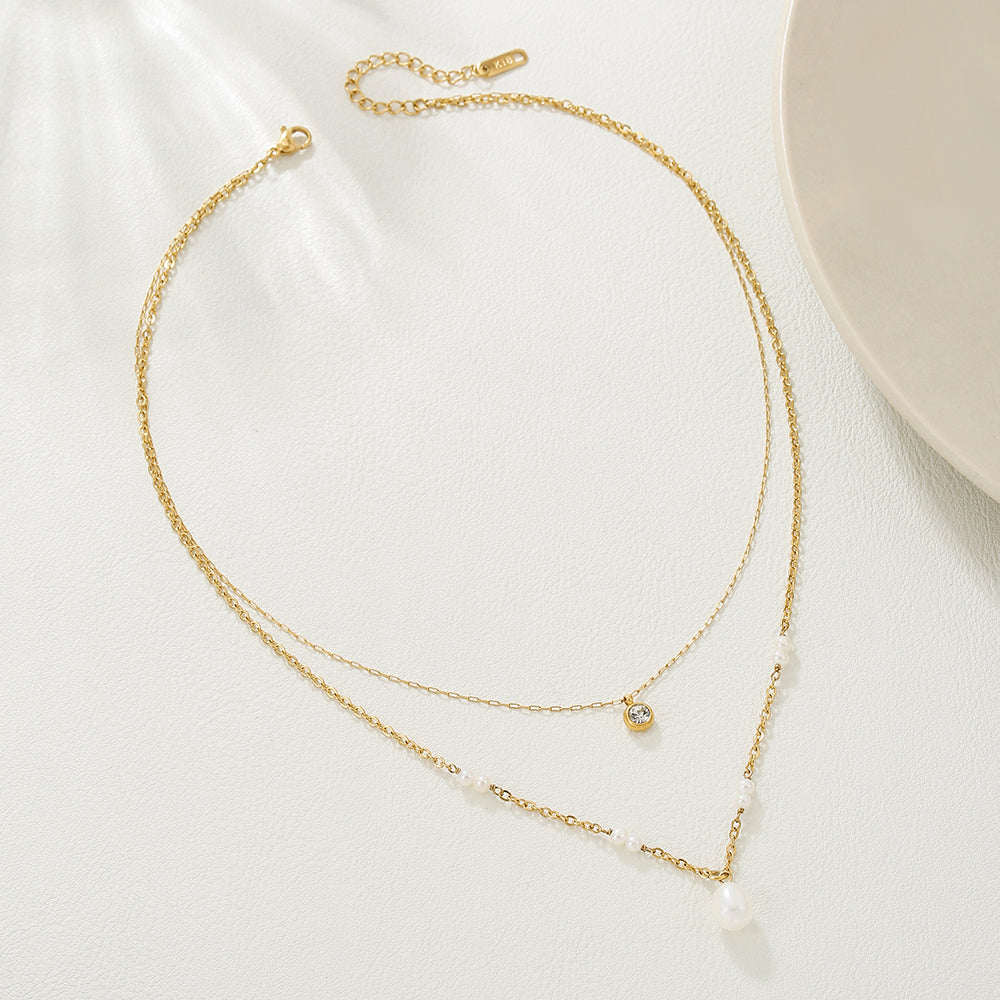 Double Layer Pearl & Zircon Pendant Necklace – Gold Stainless Steel