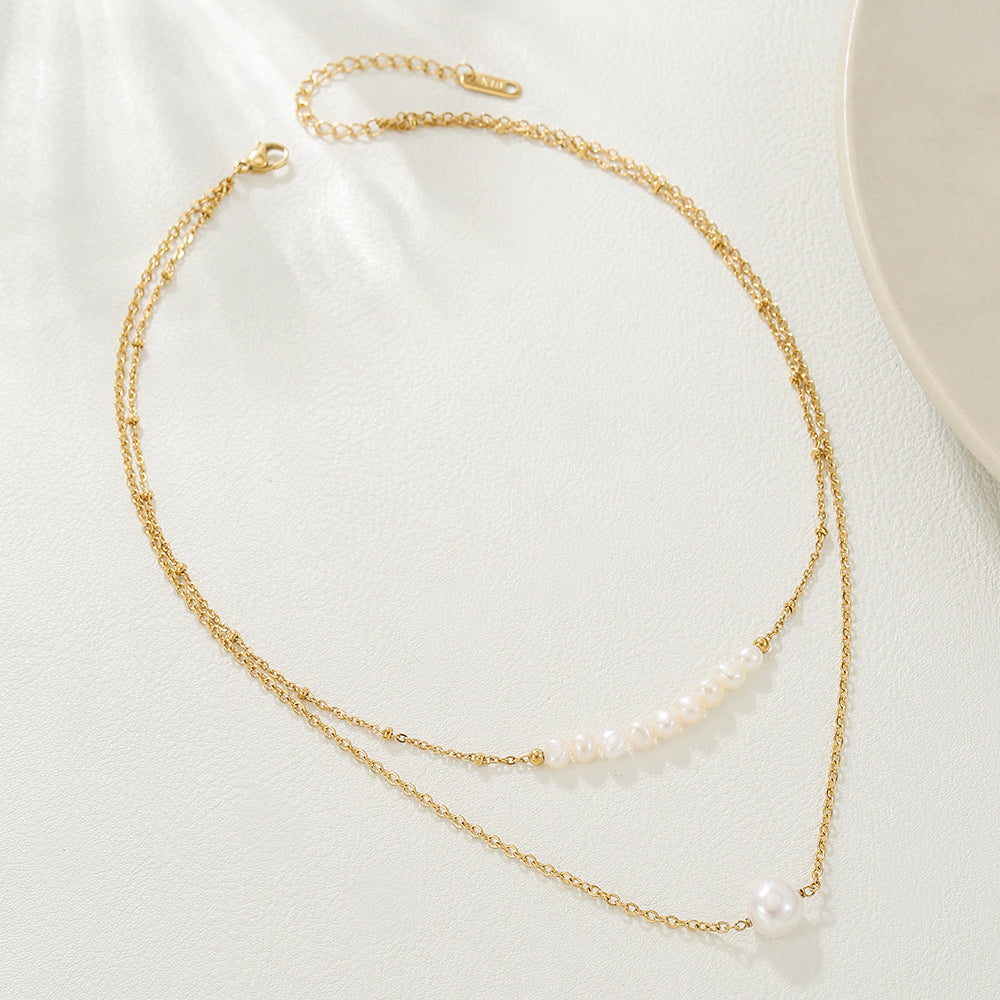 Double Layer Baroque Pearl & Xiaomi Pearl Necklace – Gold Stainless Steel