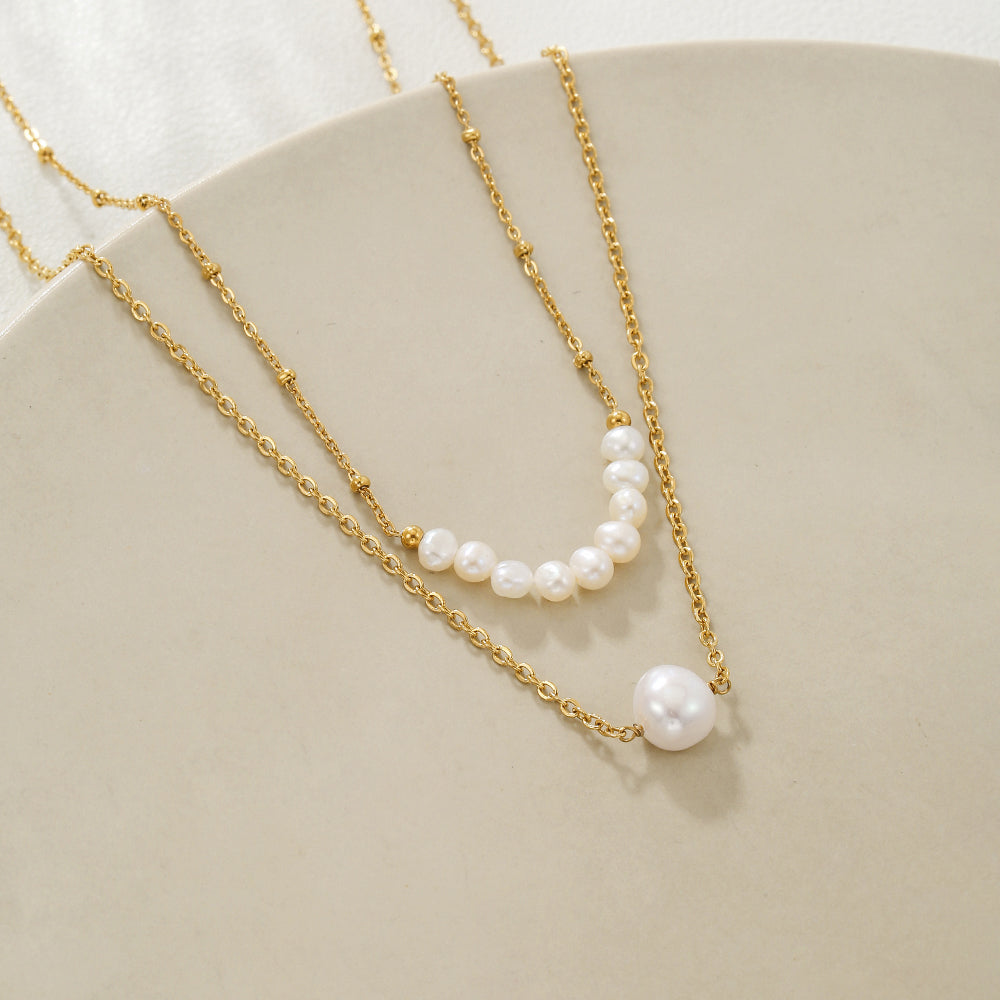 Double Layer Baroque Pearl & Xiaomi Pearl Necklace – Gold Stainless Steel
