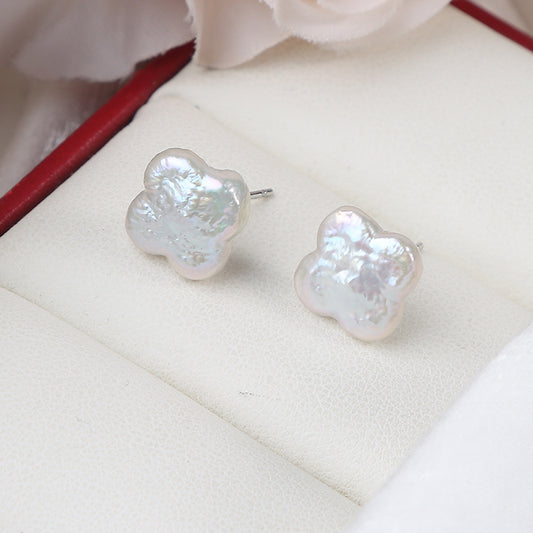 10mm Baroque Pearl Clover Stud Earrings 925 Silver