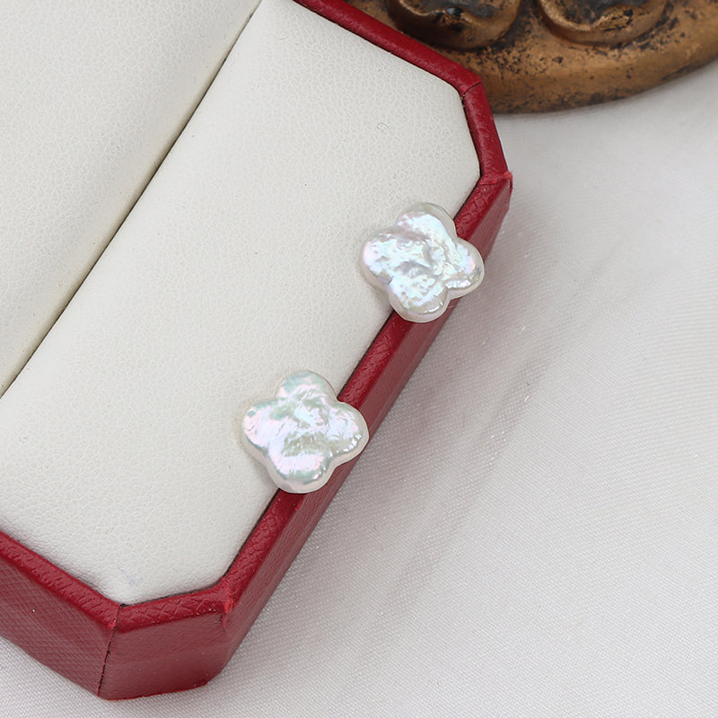 10mm Baroque Pearl Clover Stud Earrings 925 Silver