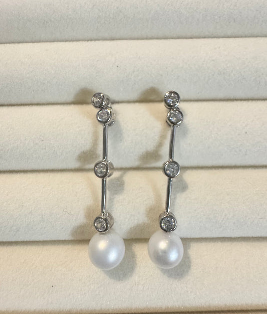 7mm Freshwater AK Pearl Long Drop Earrings 925 Silver Zircon 3.7cm