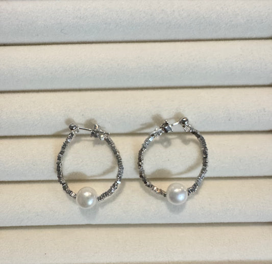 7mm Freshwater Pearl Silver Shaving Hoop Earrings 925 Silver 3cm