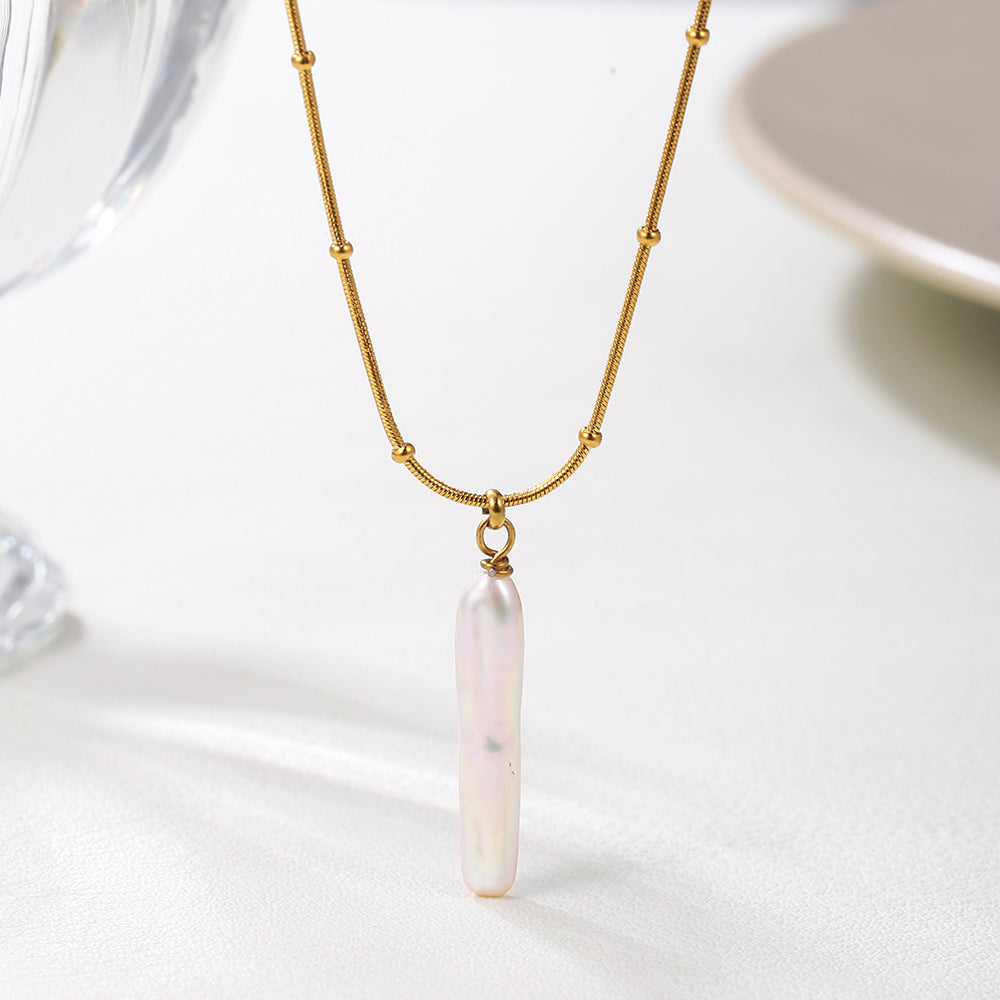 Baroque Pearl Silver Bar Necklace – Gold Stainless Steel