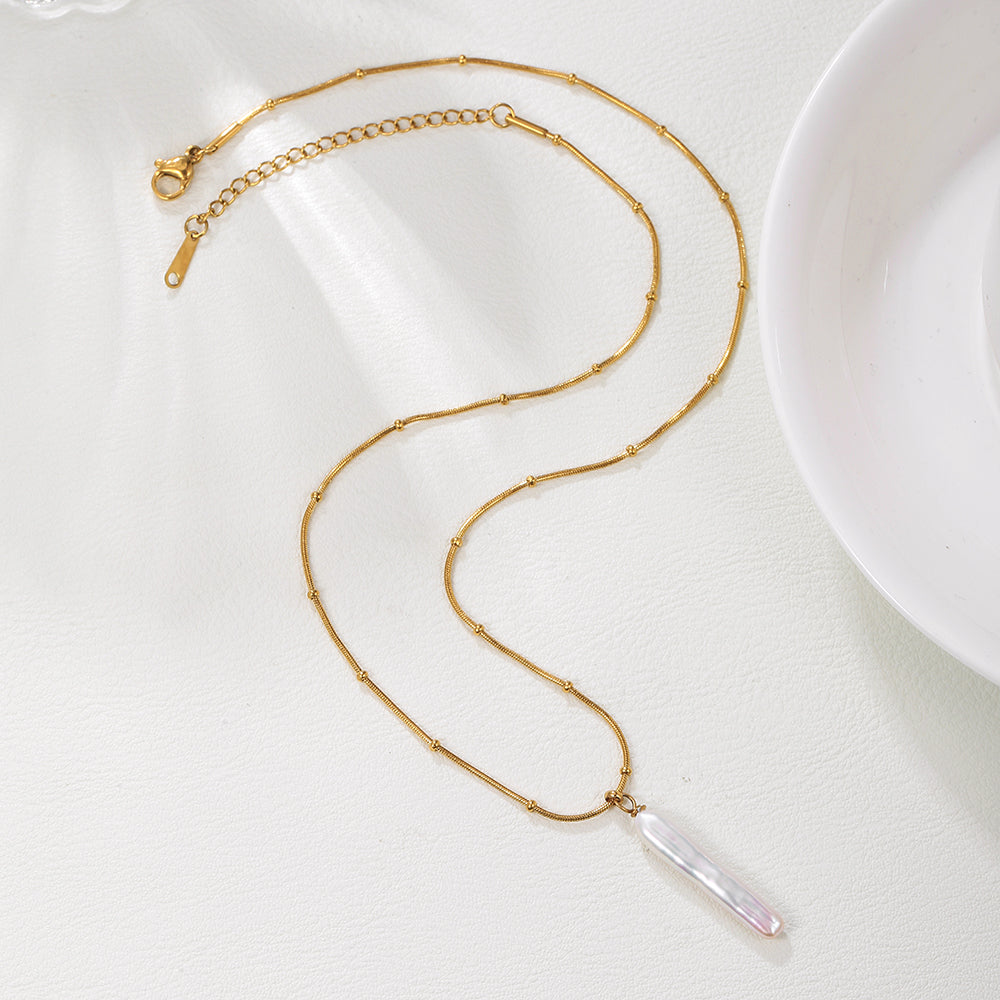 Baroque Pearl Silver Bar Necklace – Gold Stainless Steel
