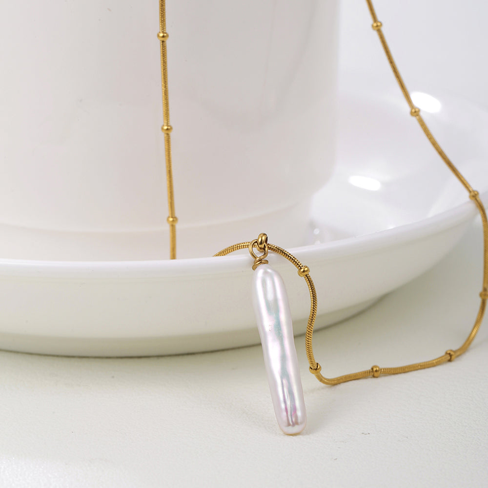 Baroque Pearl Silver Bar Necklace – Gold Stainless Steel