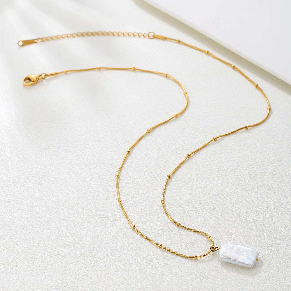 Rectangular Baroque Pearl Pendant Necklace – Gold Stainless Steel