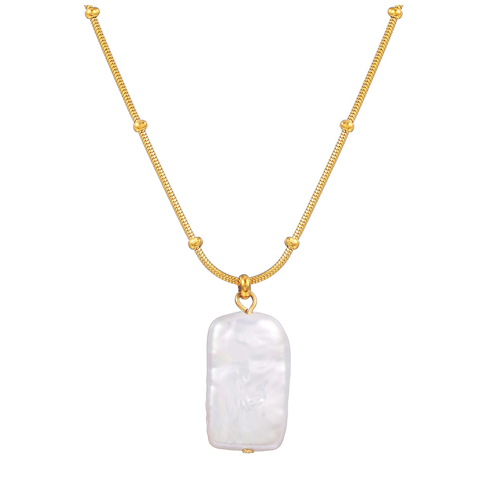 Rectangular Baroque Pearl Pendant Necklace – Gold Stainless Steel