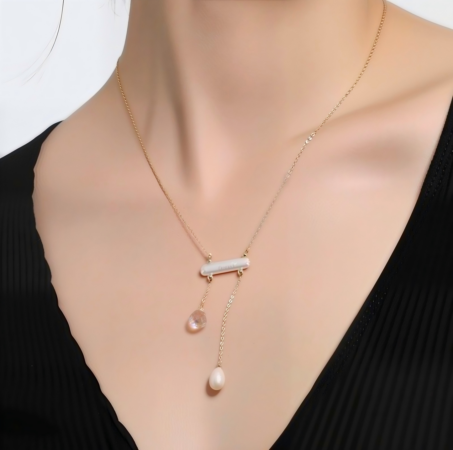 Baroque Pearl Balance Beam Lariat Necklace – Gold-Plated Brass