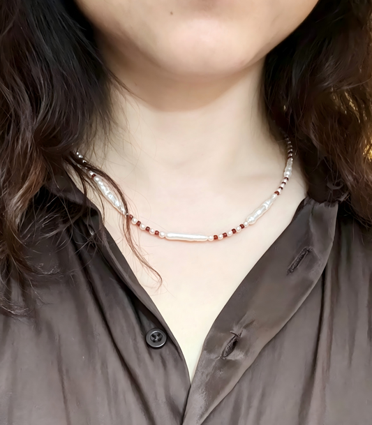 Pearl Garnet & Baroque Twist Bead Necklace Gold-Plated 45cm