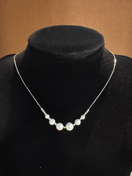 Graduated 6-Pearl Station Necklace with Silver Spacers & Faceted Beads 925 Silver 42cm