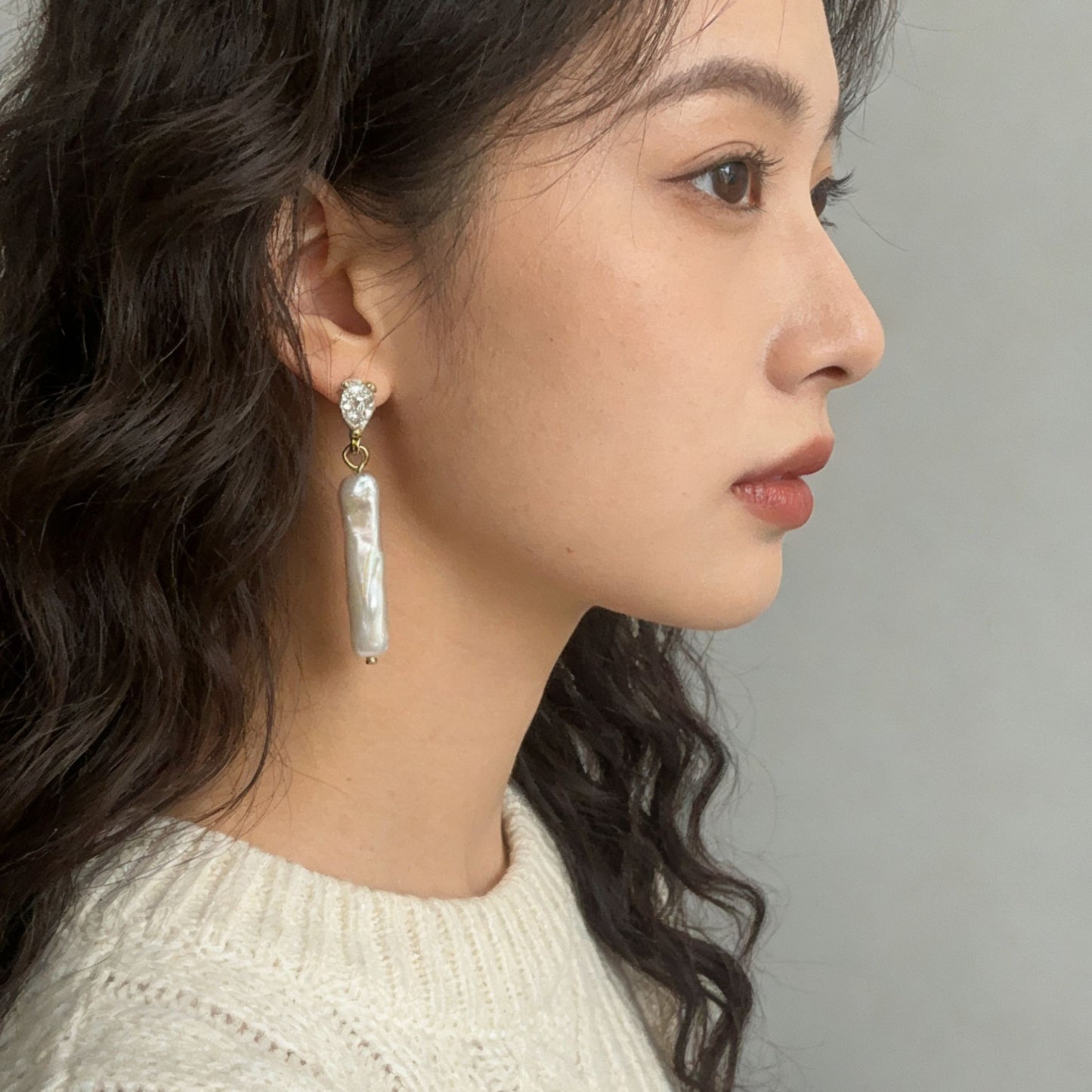 Baroque Pearl Silver Bar Drop Earrings Brass Gold-Plated Zircon