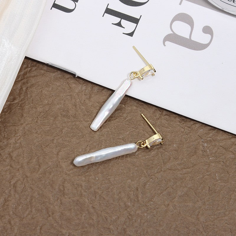 Baroque Pearl Silver Bar Drop Earrings Brass Gold-Plated Zircon